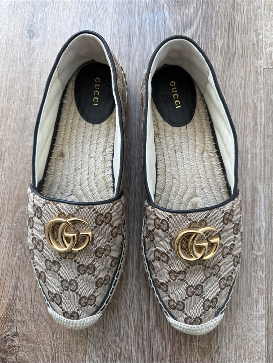 Gucci Shoes - Gucci Brown Beige GG Canvas Espadrille Flats with Gold Double G